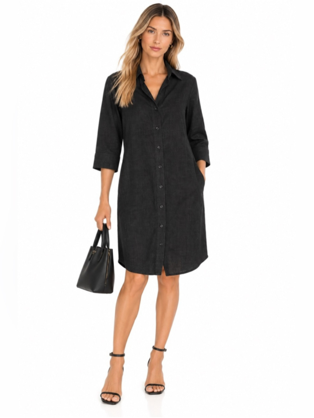 Comrags Black Virgin Wool Linen Blend Midi Shirt Dress Size M Made in Canada